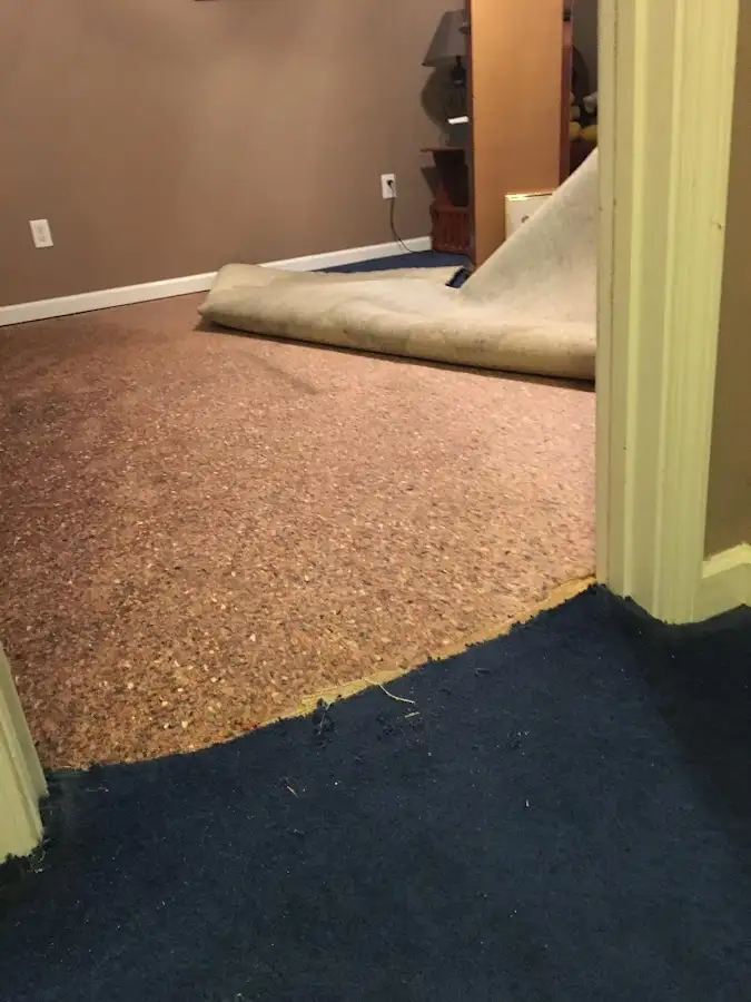 Carpet pad removal revealing water damage during Water Mitigation Services in Waycross